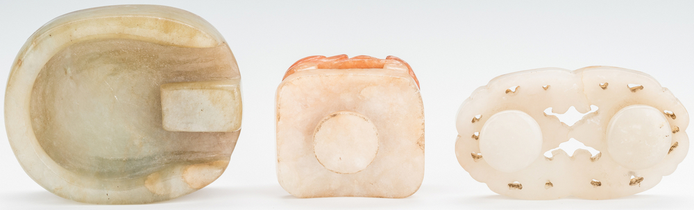 3 Chinese Celadon & Russet Jade Buckles - Image 4 of 9