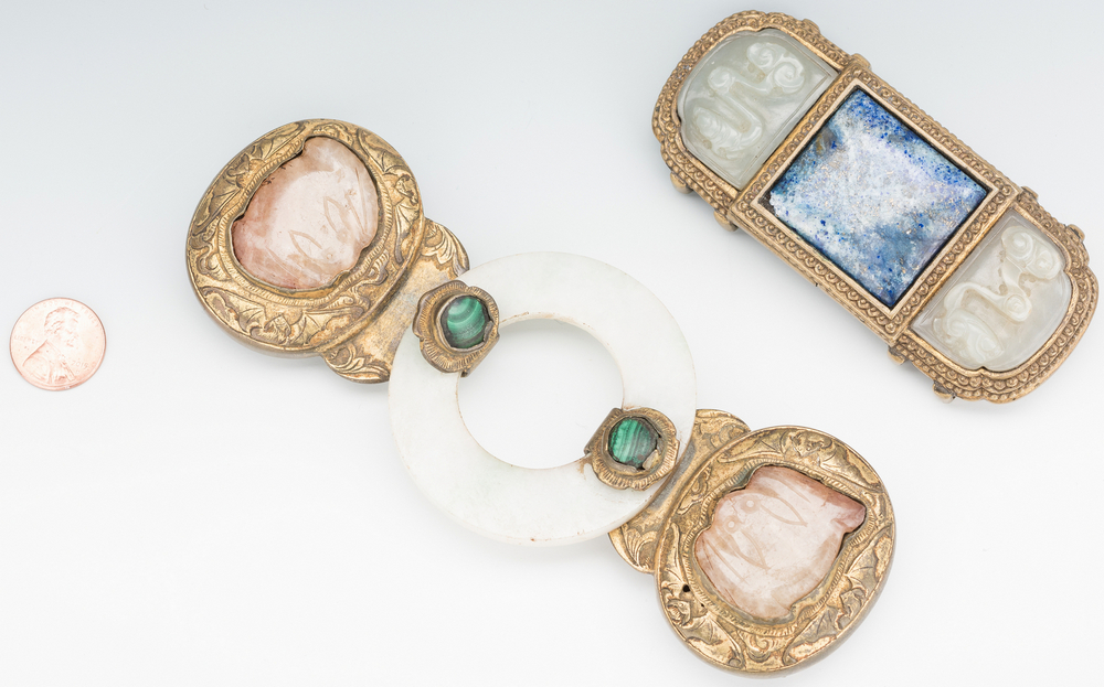 2 Chinese Jade, Stone & Gilt Bronze Belt Buckles - Image 2 of 20