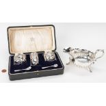 Edwardian Cased Sterling Condiment Set and Sauce Boat