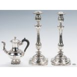 French Silver Teapot & 2 Continental Candlesticks