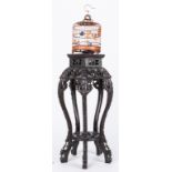 Chinese Prunus Carved Hardwood Stand & Bamboo Birdcage