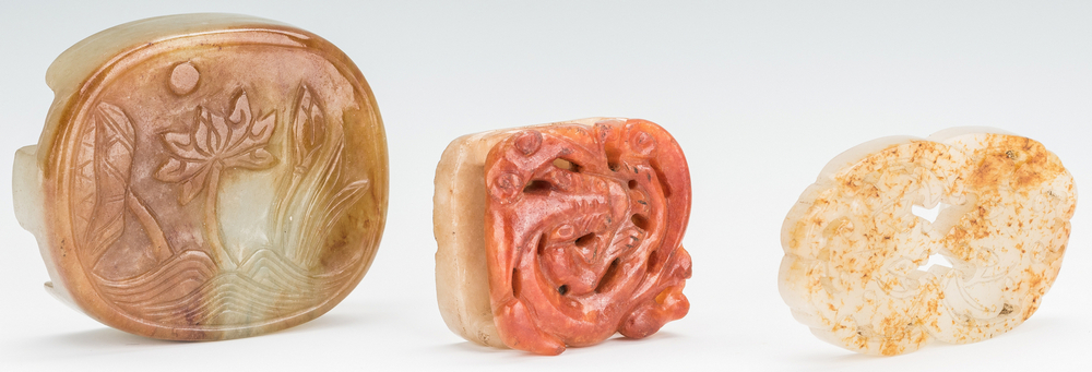 3 Chinese Celadon & Russet Jade Buckles - Image 3 of 9