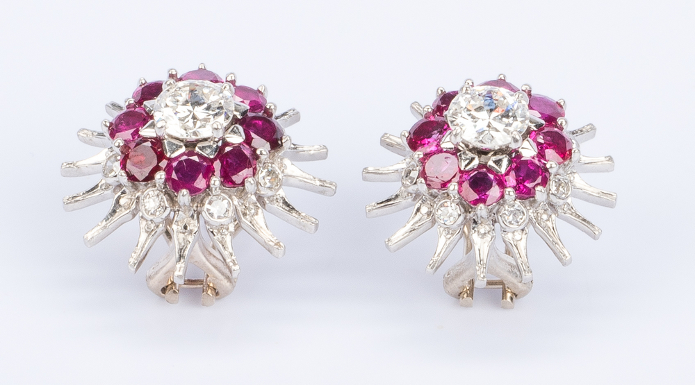 Pr Ruby European Cut Dia Earrings, 14Kwg - Image 3 of 5