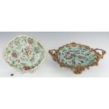 2 Famille Rose Celadon Dishes, one with gilt bronze mounts