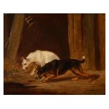J W, terriers ratting, oil on canvas, signed with initials, 19 x 23.