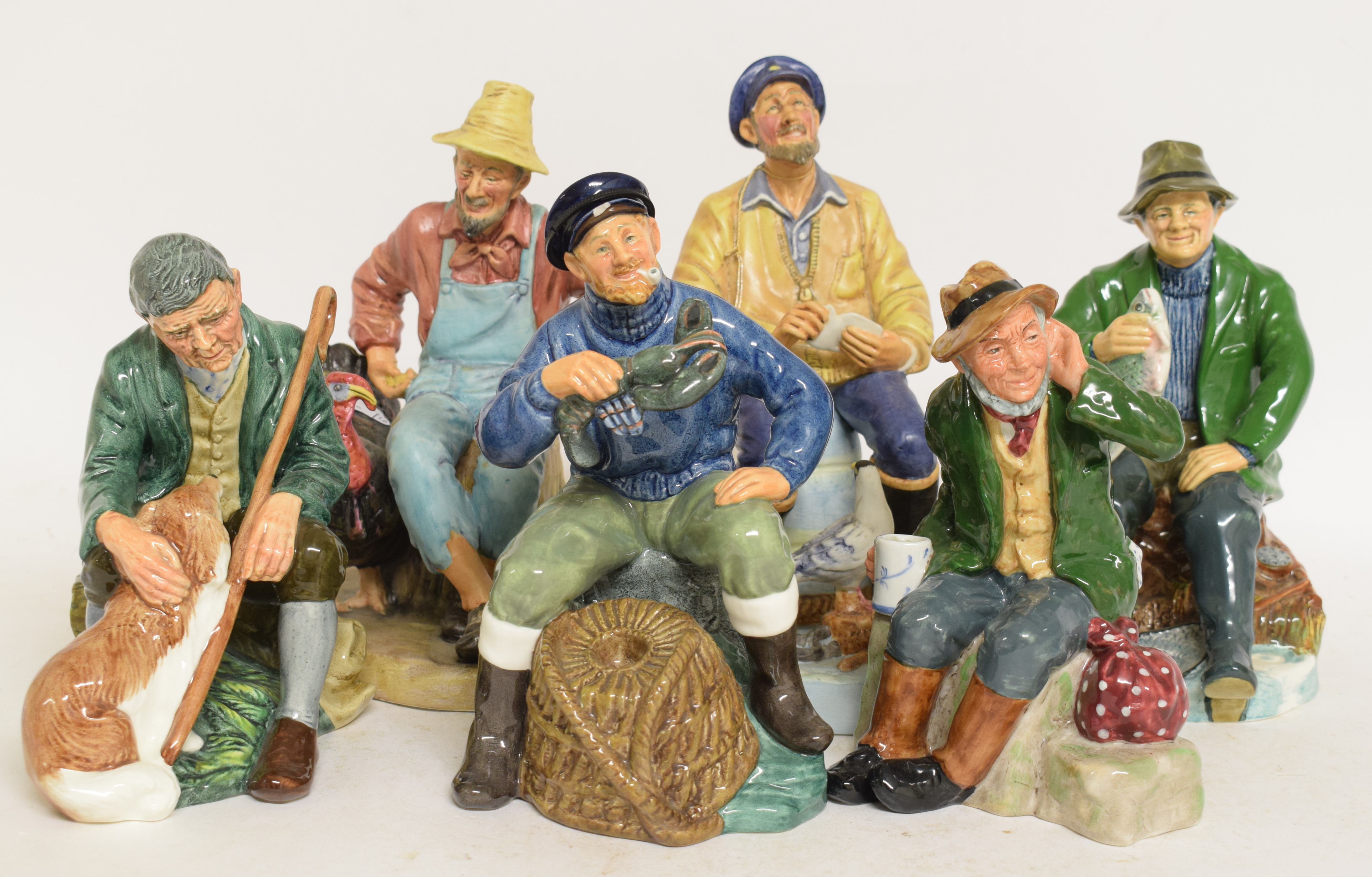Six Royal Doulton figures, including A Good Catch, HN2258, and Thanksgiving,