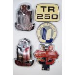 Five Triumph related owners club badge bar badges and bonnet insignia, comprising The TR Register,