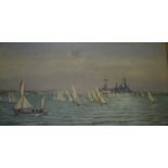 Braye (?), Naval cadets sailing by a warship, oil on canvas, signed, 42 x 80 cm, and E Chapman,