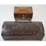 A 19th century yew wood tea caddy, of sarcophagus form, lacks interior, 20 cm wide,