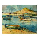 Manner of John Anthony Park, a Cornish harbour scene, mixed media on panel, signed, label verso,