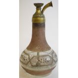 An Islamic glass hookah base, with a brass fitment,