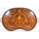 An Edwardian mahogany kidney shaped tray, inlaid acanthus leaves,