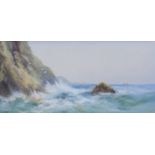R Sherrin, a rocky coastal scene, gouache, signed, 25 x 11.