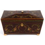 A 19th century inlaid mahogany tea caddy, having painted floral decoration,