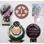Five Healey related badge bar badges, comprising Plymouth Mark 1 Sprite Club,