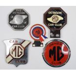 Five MG related badge bar badges, comprising Octagon Car Club, MG Owners Club, MG Car Club,