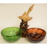 A Ruth Dresman etched green glass bowl, decorated oak leaves and acorns, 21 cm wide,