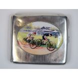 A silver cigarette case, applied a cycling plaque,