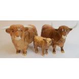 A Beswick Highland Bull, 2008, a Highland Cow, 1740, one horn glued, and a Highland Calf, 1827D,