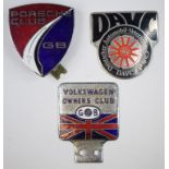 Three German marque related badge bar badges, comprising Porsche Club (GB),