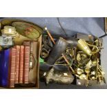 A Swaine & Co whip, assorted horse brasses, tack, two lamps, metalwares,
