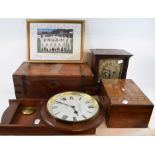 An inlaid walnut work box, lacks interior, 28 cm wide, a similar writing slope, a mantel clock,