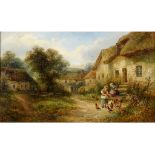 W E Ellis, cottages at Welford, Gloucestershire, oil on canvas, signed and inscribed verso,