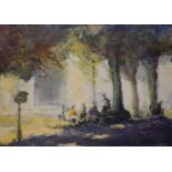 Continental school, 20th century, Cafe at Rennes Les Bains, oil on canvas, initialled R M R,