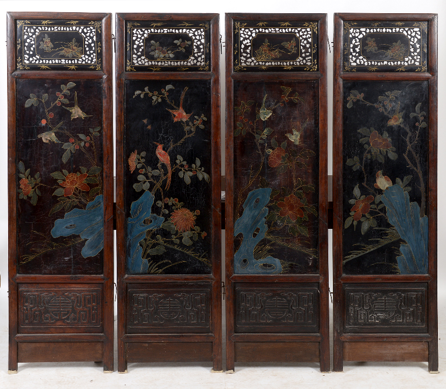 A Chinese hardwood four fold screen, eac - Image 4 of 26