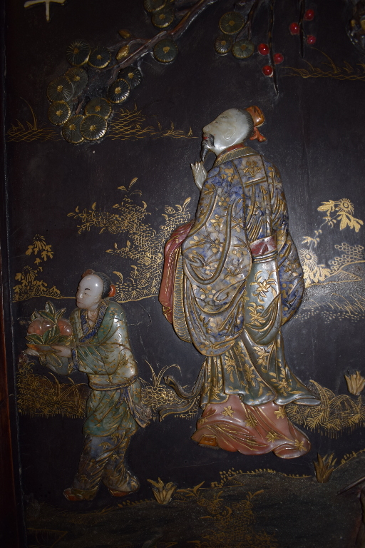 A Chinese hardwood four fold screen, eac - Image 7 of 26