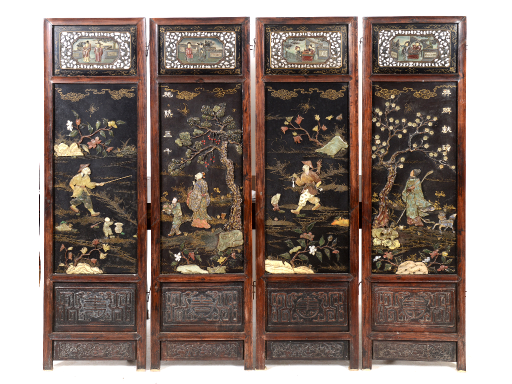 A Chinese hardwood four fold screen, eac