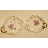 Two Copenhagen leaf shape dishes, decorated flowers, some damage,