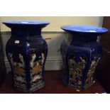 Two Chinese pottery blue glazed garden seats, with pierced decoration,