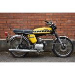 A 1976 Yamaha FS1E DX, registration number PYD 35P, yellow.