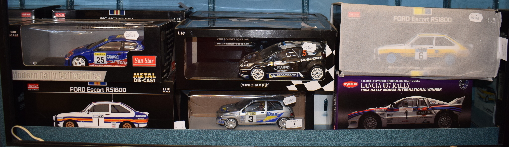 A Minichamps 1:18 scale die-cast model Ford Fiesta RS WRC, and eleven other model rally cars,