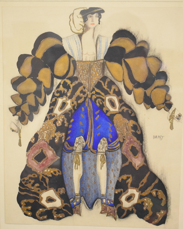 After Leon Bakst, a study of a theatrical lady in a large elaborate dress, gouache over pencil, - Image 2 of 2