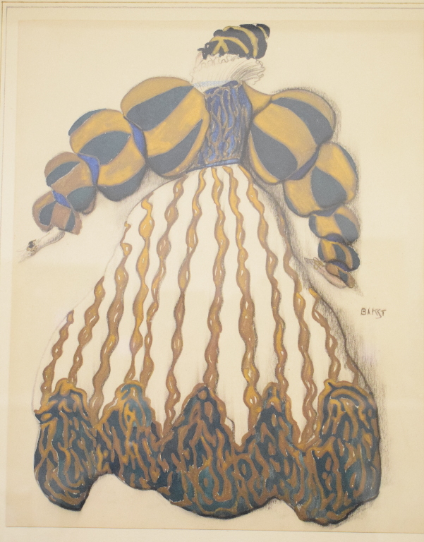 After Leon Bakst, a study of a theatrical lady in a large elaborate dress, gouache over pencil,