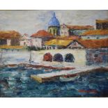 Mikhail Fkansi a view of an Adriatic port, oil, signed,