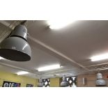 A pair of grey enamel industrial ceiling hanging lamps,