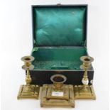 A late Victorian brass desktop set, in a box,