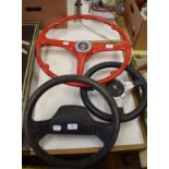 An AEC lorry steering wheel, a Moto-Lita aluminium leather rimmed steering wheel,