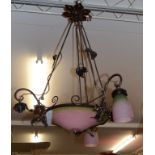 A Charles Schneider wrought iron and coloured glass 3 light chandelier, decorated flowers,