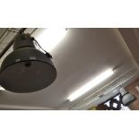 A pair of grey enamel industrial ceiling hanging lamps,