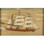 A Victorian sailor woolwork picture, decorated a ship at full steam ahead, 36 x 57 cm,