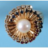 A 14 ct gold and cultured pearl ring, th