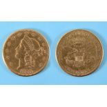A USA gold $20 Liberty head coin, 1858