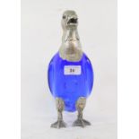 A novelty blue and clear glass decanter, with plated metal mounts, in the form of a duck, 36.5 cm