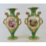 A pair of 19th century English porcelain vases, each painted a landscape, flowers and foliage within