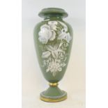 A green enamel glass vase, decorated white roses with gilt decoration, 41 cm high