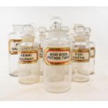 Assorted clear glass chemist jars, including Ol Eucaly, with cover, 26.5 cm high (11)